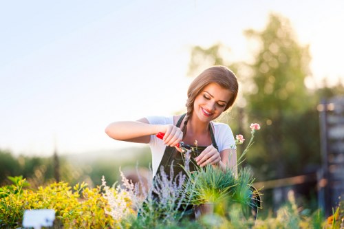 A woman with light brown hair and a cheerful expression is gardening outdoors in a well-maintained garden, wearing a light-colored top. She is tending to a flower bed that contains a variety of small flowering plants and lush green foliage, with some plants having delicate pink, purple, and white blossoms. The garden features a neatly mowed grassy area in the foreground, with vibrant green grass exhibiting a dense, healthy texture. Behind her, there are taller shrubs and a few young trees, creating a layered landscape setting. The background shows a bright, clear sky with soft sunlight, casting gentle natural light across the garden scene, indicating a pleasant weather condition. The garden is adjacent to a paved pathway or patio area, suggesting a thoughtfully designed outdoor space suitable for leisure and gardening activities. The scene reflects a well-kept outdoor environment ideal for gardening services such as lawn care, planting, and maintenance, with subtle regional cues indicating a location within the UK, possibly near Regents Park or a similar urban garden setting.