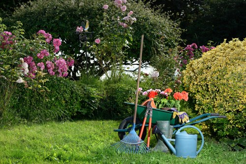 A well-maintained garden with a lush, green lawn in the foreground, bordered by flowering shrubs and bushes, including pink and purple blooms on the left and yellow-flowered bushes on the right. In the center, there is a collection of gardening tools and equipment, such as a green wheelbarrow, a rake, a watering can, and other implements, resting on the grass. Behind the tools, a mix of trees and hedges creates a natural backdrop, with sunlight filtering through the foliage, suggesting a clear day. The scene depicts an outdoor space that is actively used for gardening and lawn care, typical of residential gardens in the Regents Park area, providing a natural, vibrant setting ideal for professional gardening services offered by Lawn Mowing Regents Park.